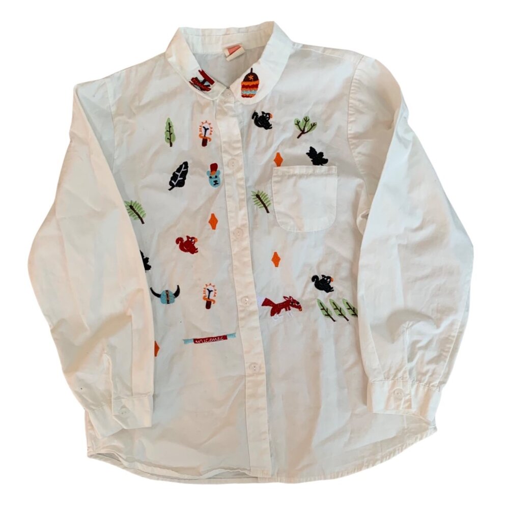 Hello Frog Fall Themed Embroidered Button Up Shirt 140